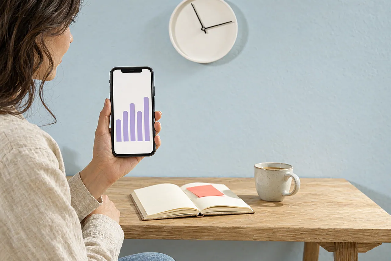 Creator checks a phone beside a round wall clock while planning posts in a sunny studio