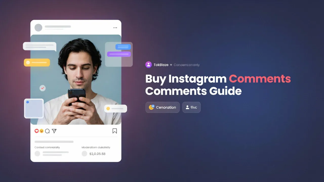 Editorial image for Buy Instagram Comments Guide with a creator, smartphone and supporting topic graphics