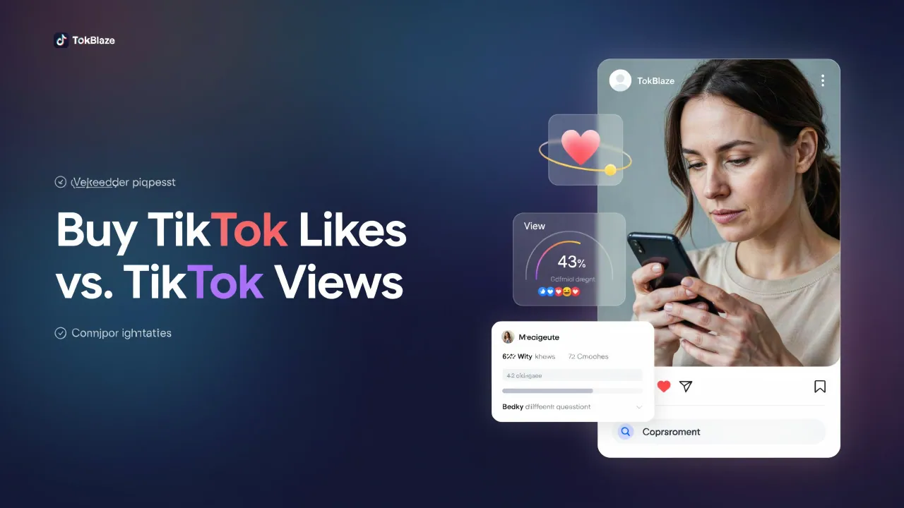 Editorial image for Buy TikTok Likes vs. TikTok Views with a creator, smartphone and supporting topic graphics