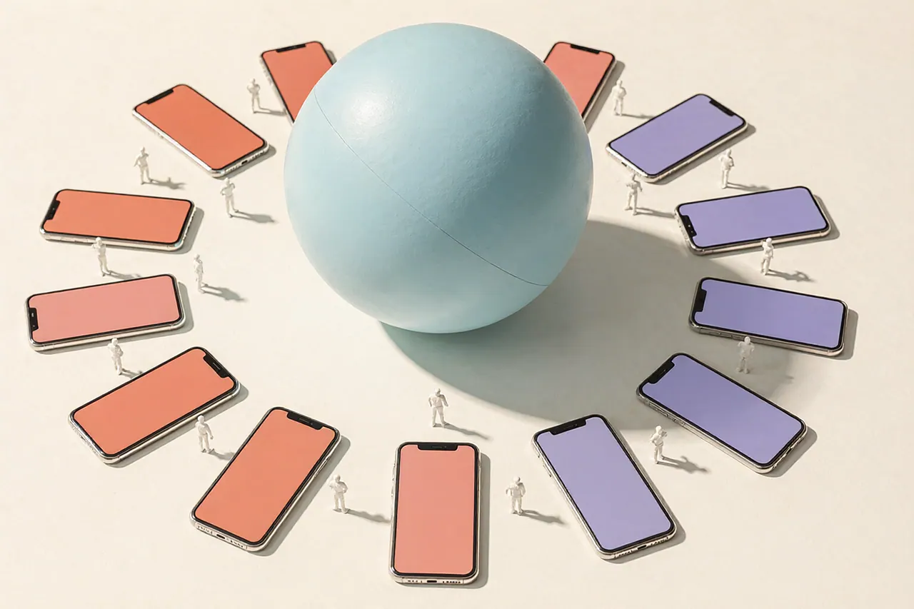 Overhead view of many small figures and phones arranged around a large pastel globe