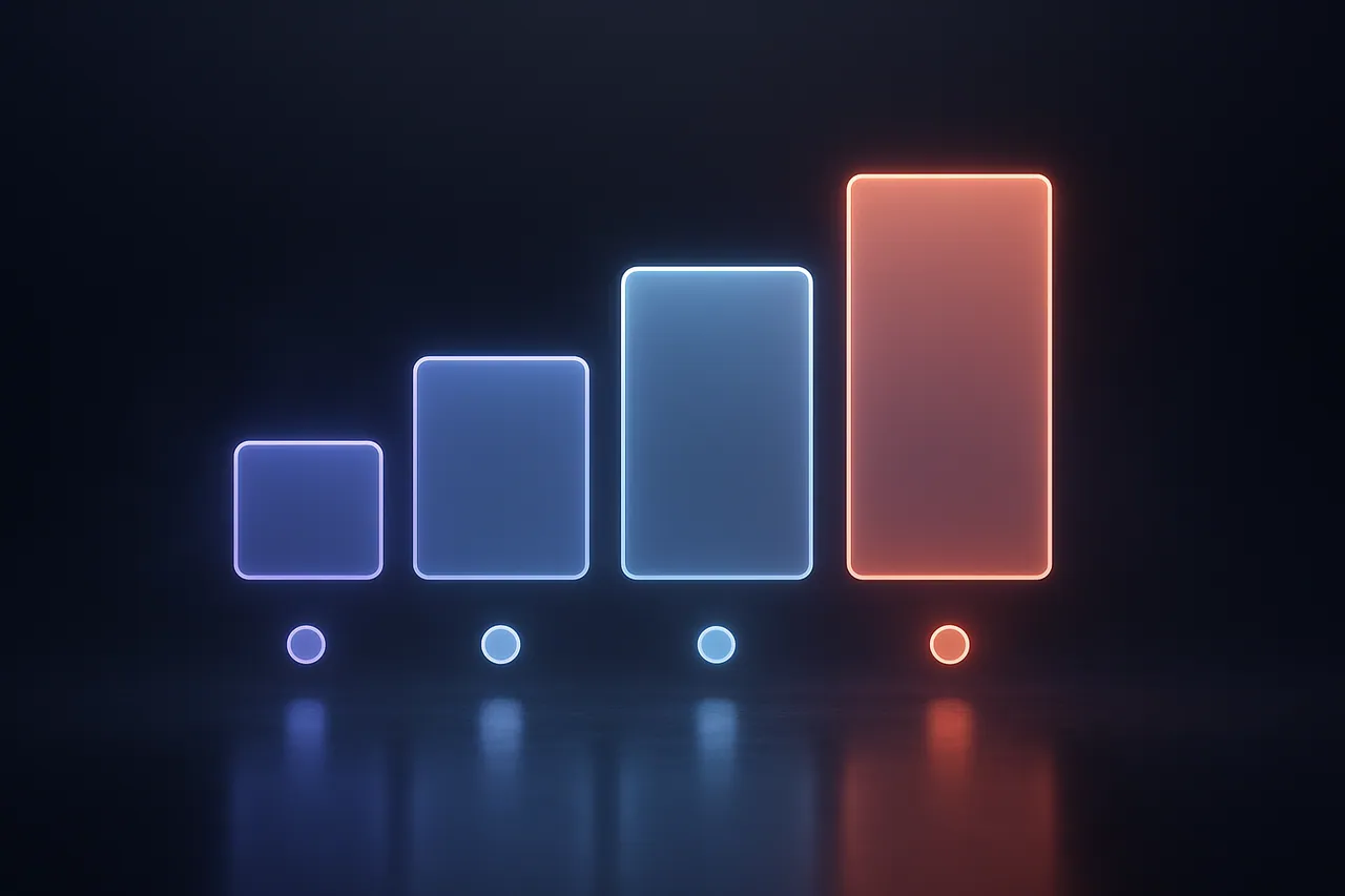 Illustration of ascending translucent tiers with a small glowing marker beneath each