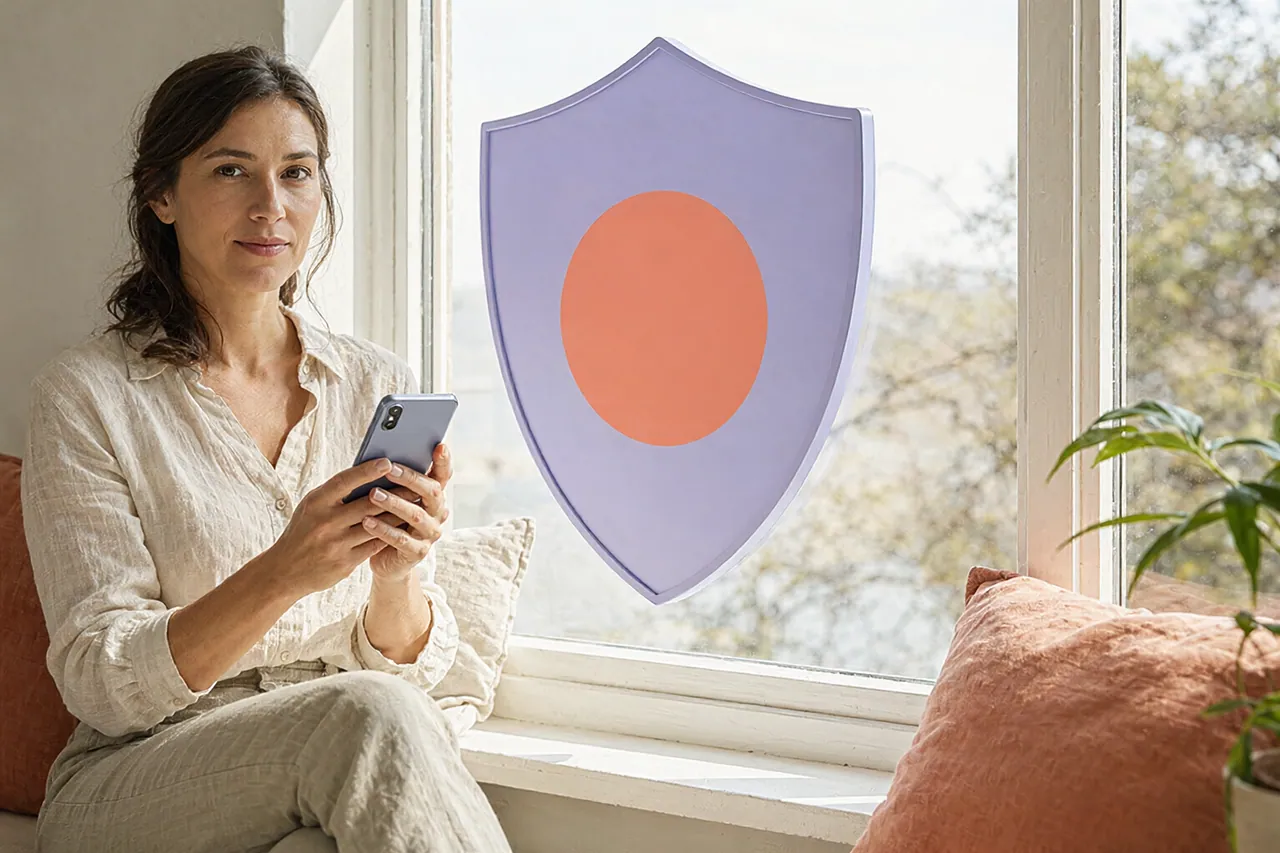 Creator calmly sets boundaries on a phone with a soft shield shape beside it