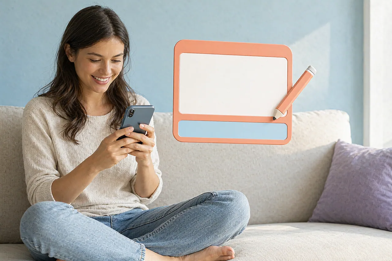 Creator types on a phone while a pastel name tag card floats nearby
