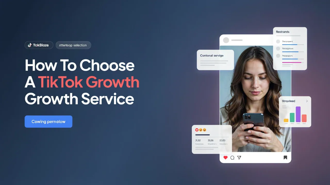 Editorial image for How To Choose A TikTok Growth Service with a creator, smartphone and supporting topic graphics
