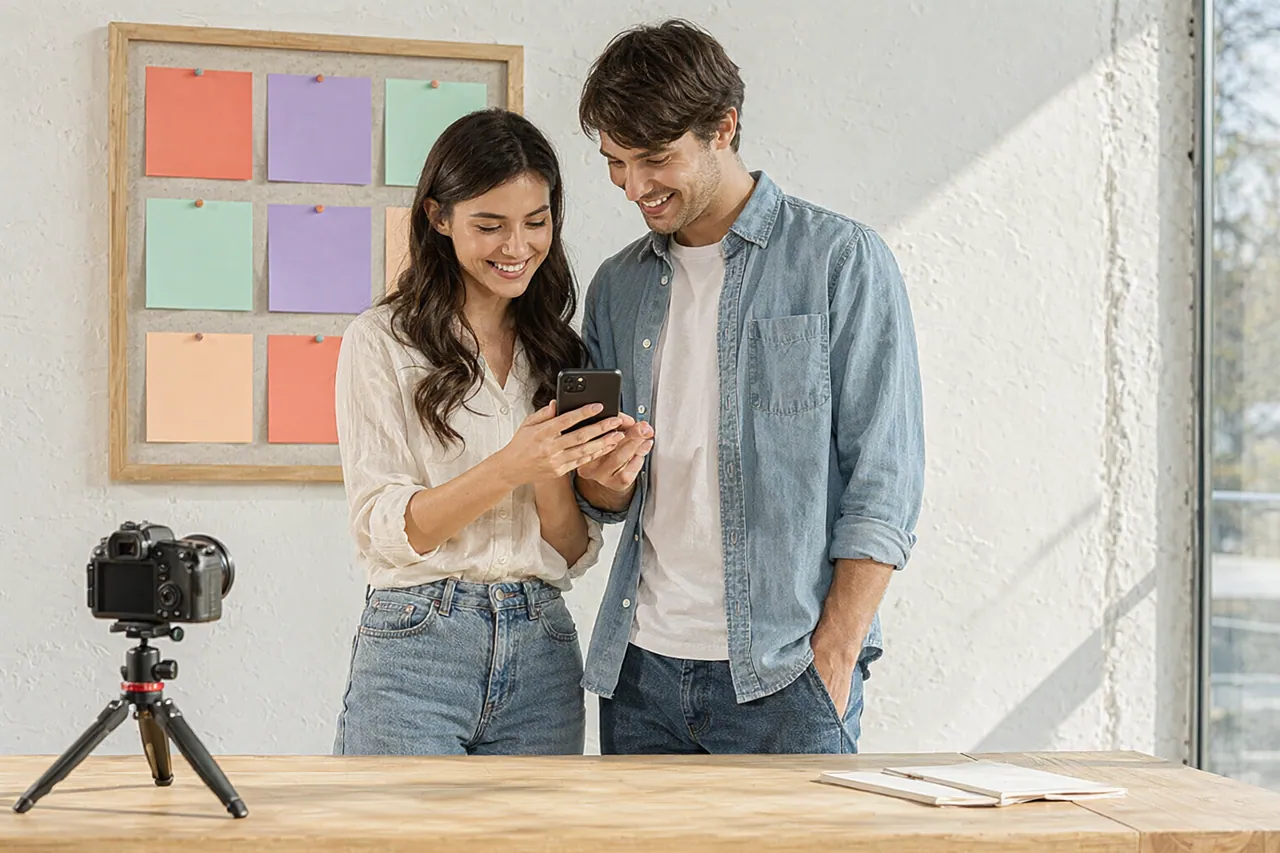 Two creators review content ideas on a phone and a board of pastel cards