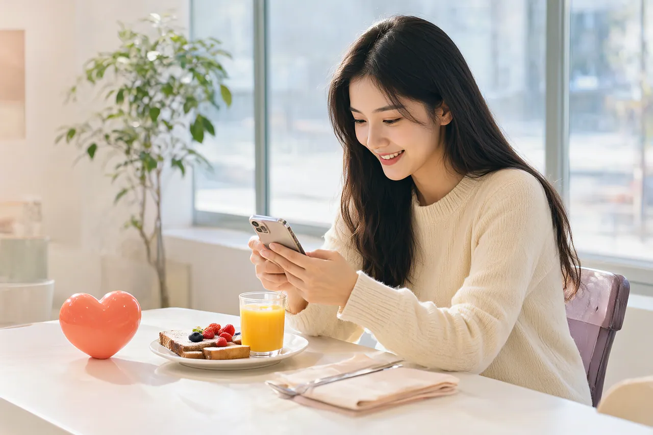 Smiling young woman photographing a styled breakfast plate with her phone beside a glossy coral heart