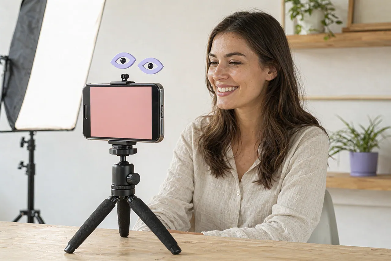 Creator films a short video on a phone held on a small tripod in a bright studio