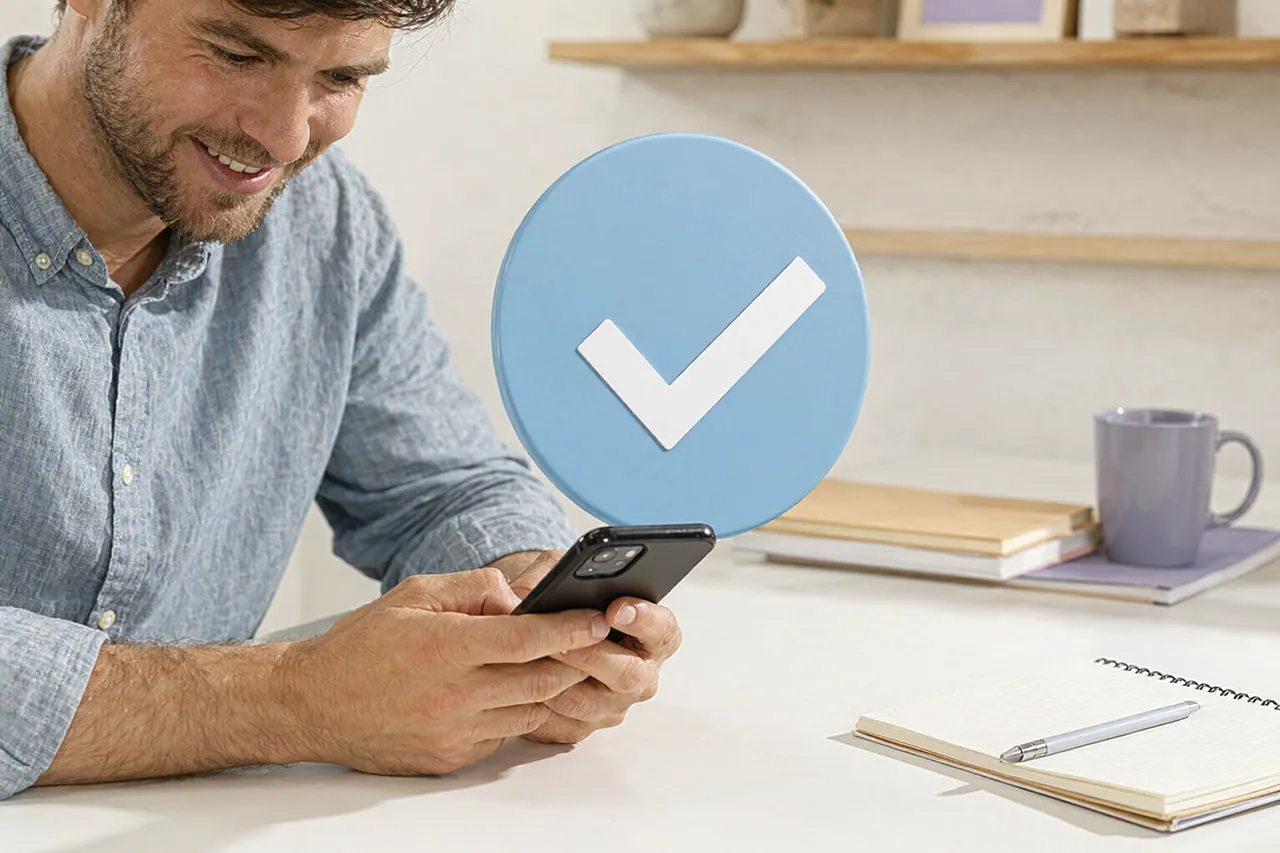 Creator looks pleased at a phone with a large soft blue check badge floating beside it