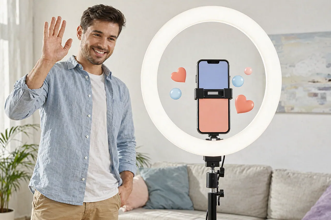 Creator waves at a phone on a tripod with a ring light while starting a live stream