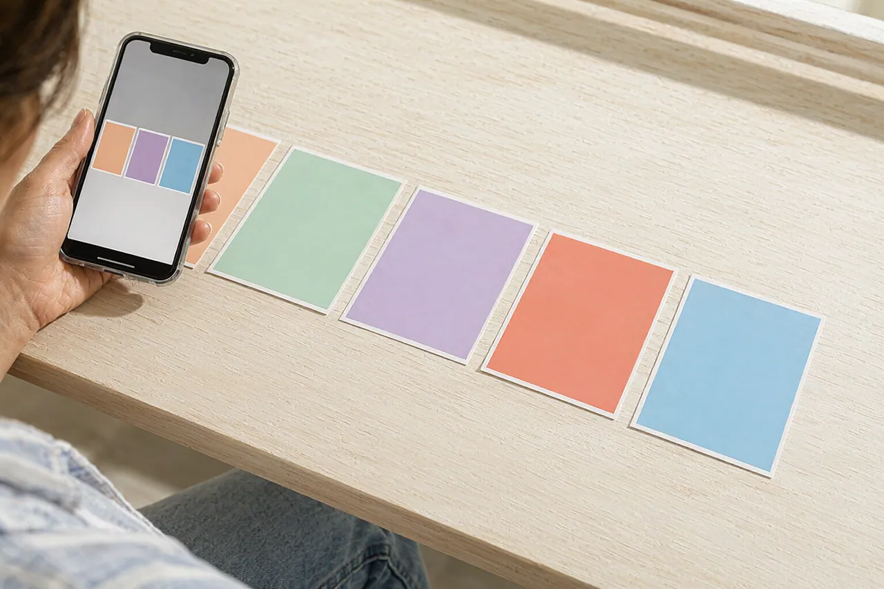Creator arranges printed-style photo cards and a phone showing a photo carousel
