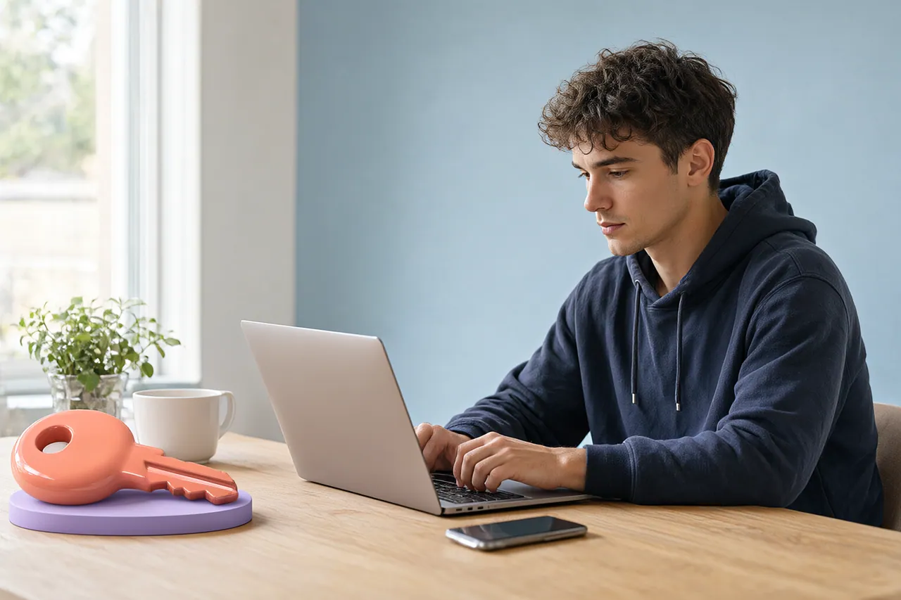 Young man at a desk calmly working through an account appeal on his laptop beside a glossy key