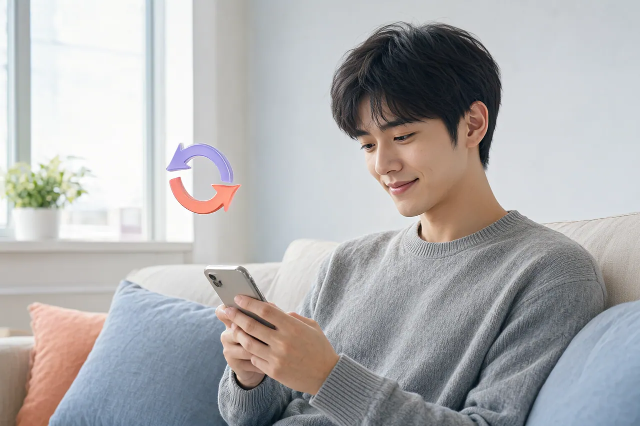 Young man relaxing on a sofa refreshes his phone feed beside a floating coral and lavender refresh arrow