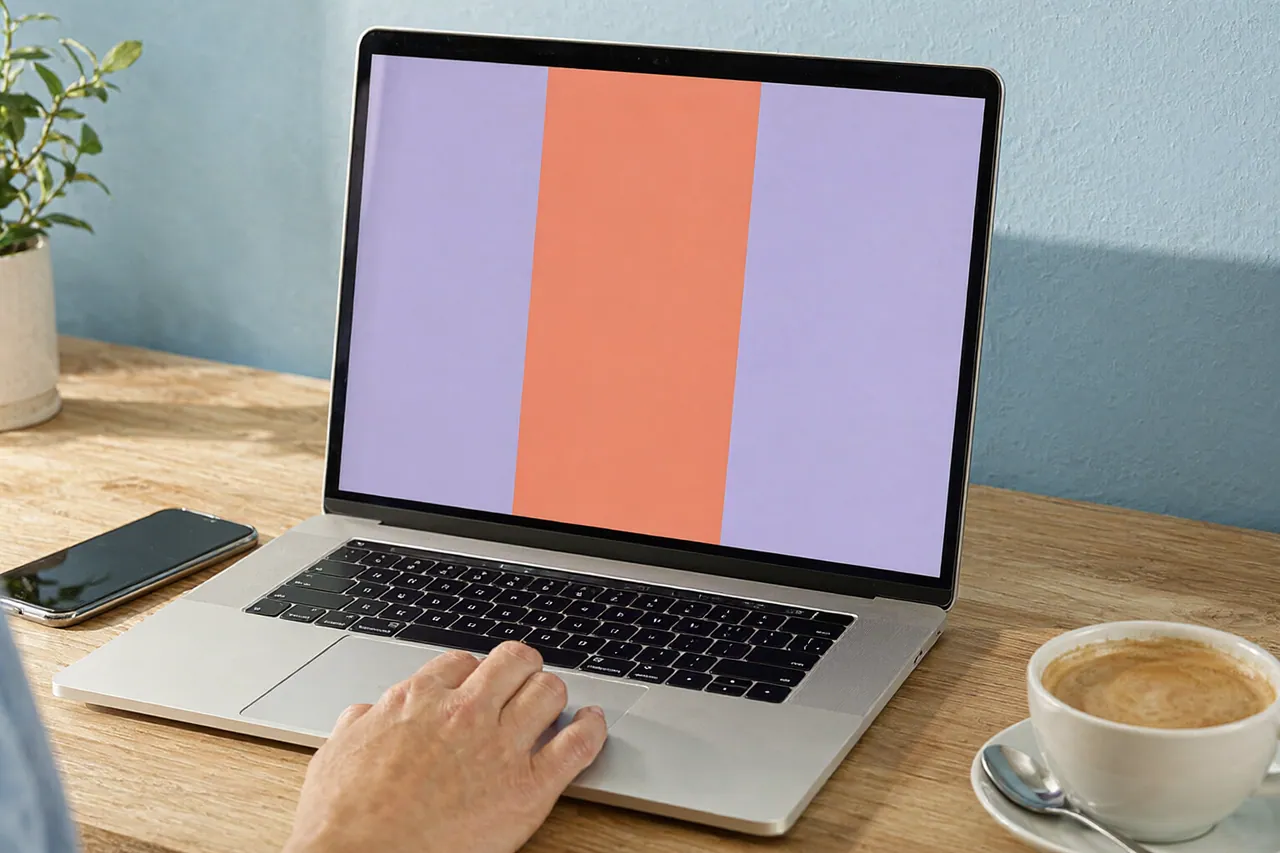 Laptop on a desk shows a vertical video frame next to a phone lying face down