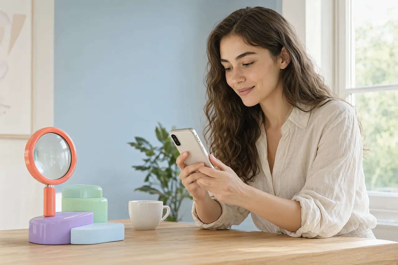 Creator researching on her phone at a desk beside a large coral magnifying glass and stepped pastel blocks
