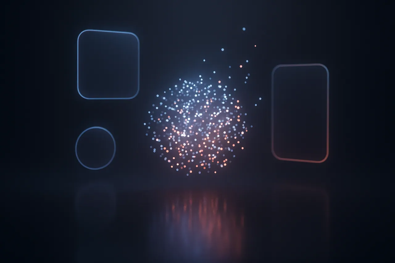 Illustration of particles detaching and drifting away from a dense glowing cluster