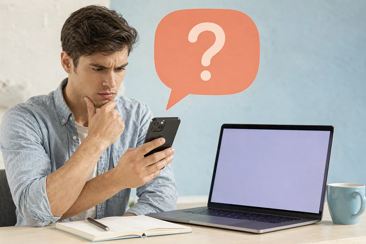 Creator looks puzzled at a phone, with a soft question bubble floating nearby