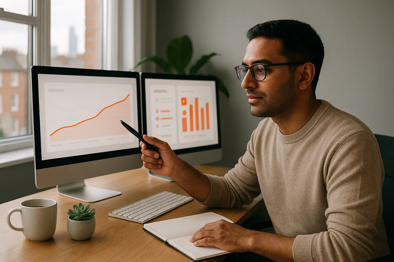 Brand strategist comparing a TikTok follower curve with post engagement bars on two monitors in a UK office