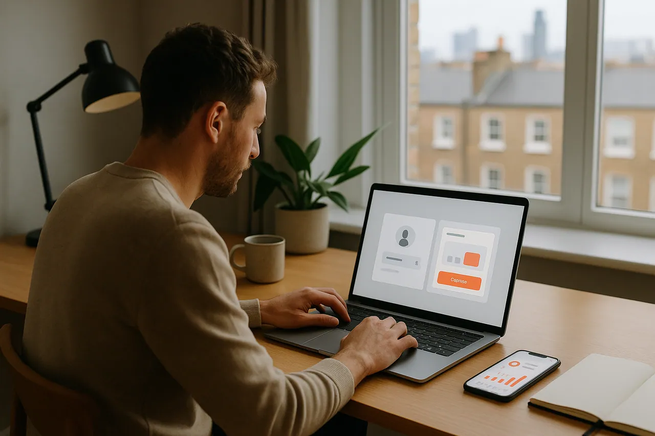 Marketer at a desk placing a TikTok follower order on a laptop using only a public username, with no login form on screen