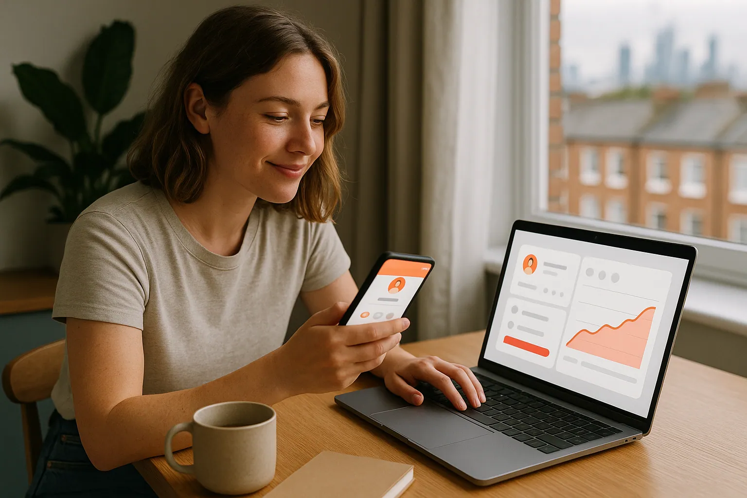 Creator in a London flat reviewing her public TikTok profile and follower growth chart on a laptop