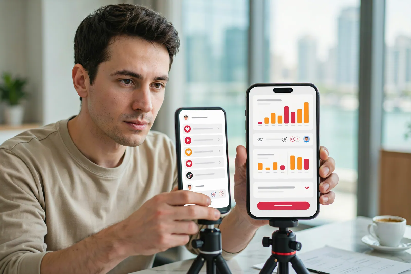 Creator in United Arab Emirates preparing a public TikTok LIVE broadcast with a run sheet beside the tripod