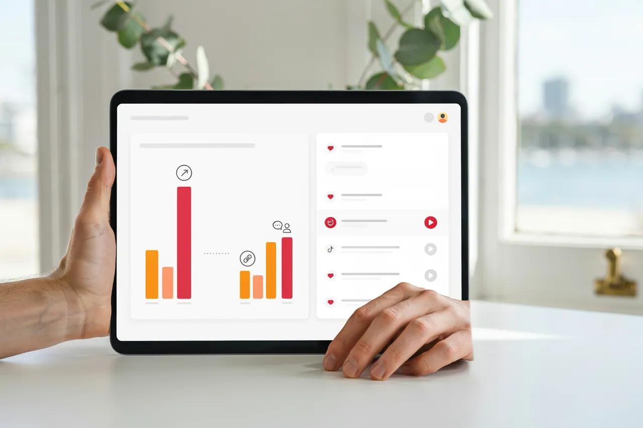 Marketer in Australia comparing a video's share count with tracked referral visits on a monitor