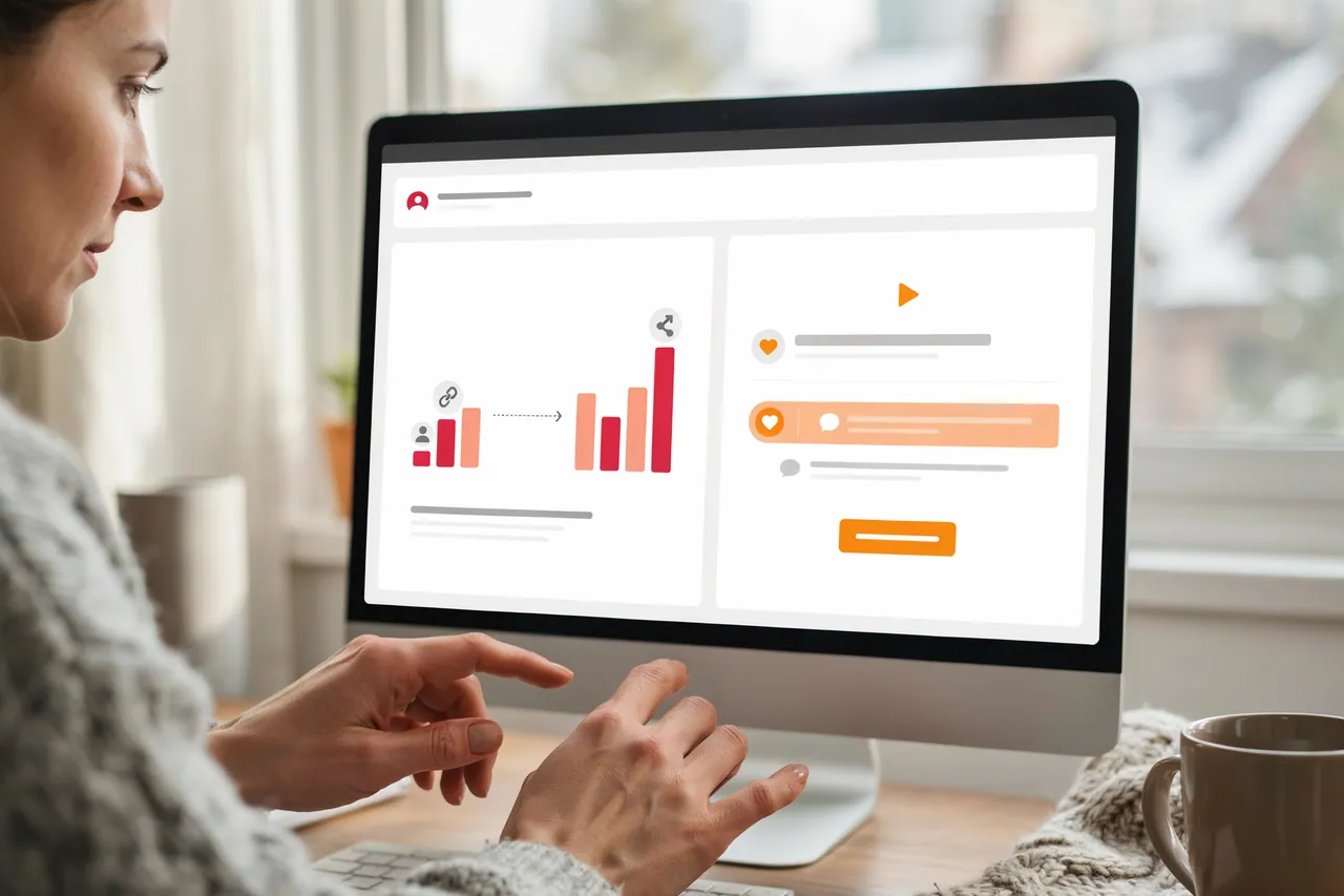 Marketer in Canada comparing a video's share count with tracked referral visits on a monitor