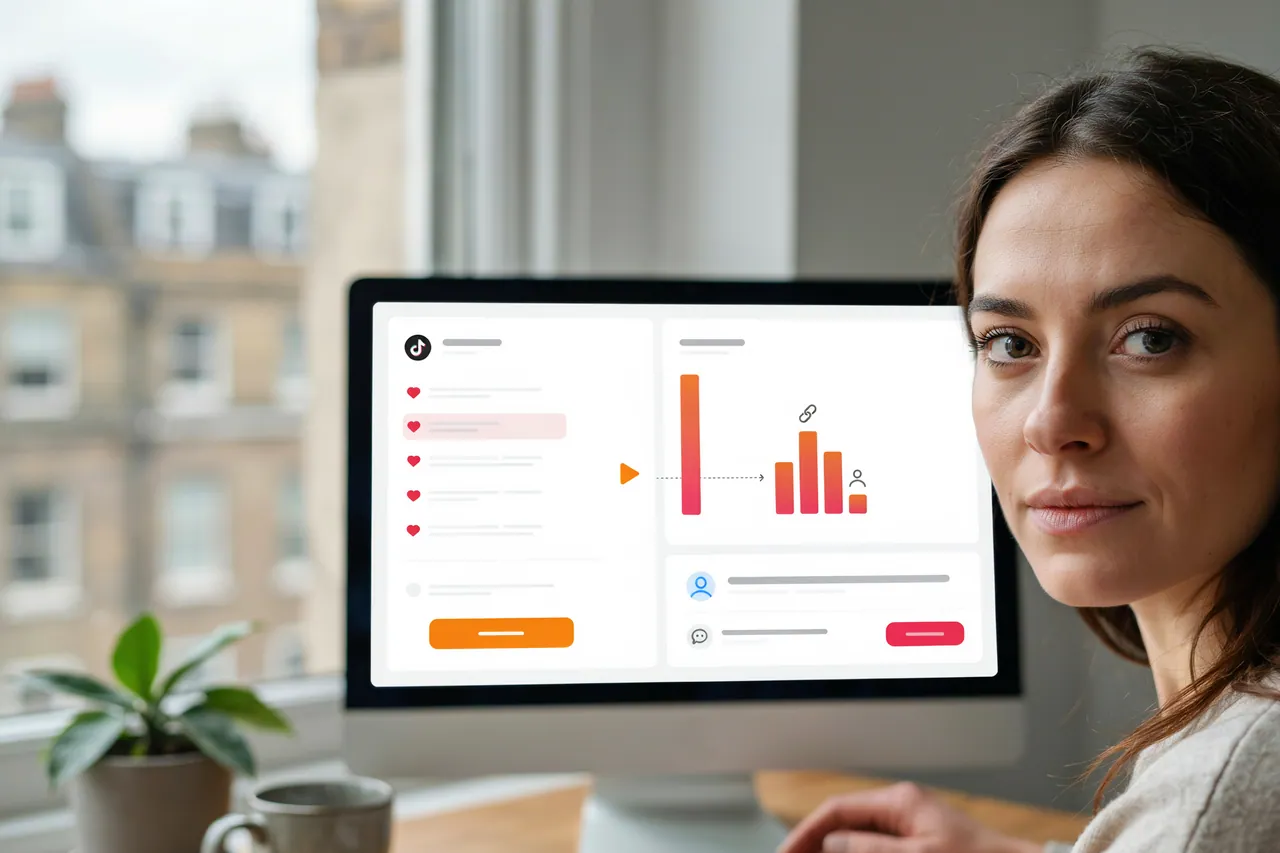 Marketer in United Kingdom comparing a video's share count with tracked referral visits on a monitor