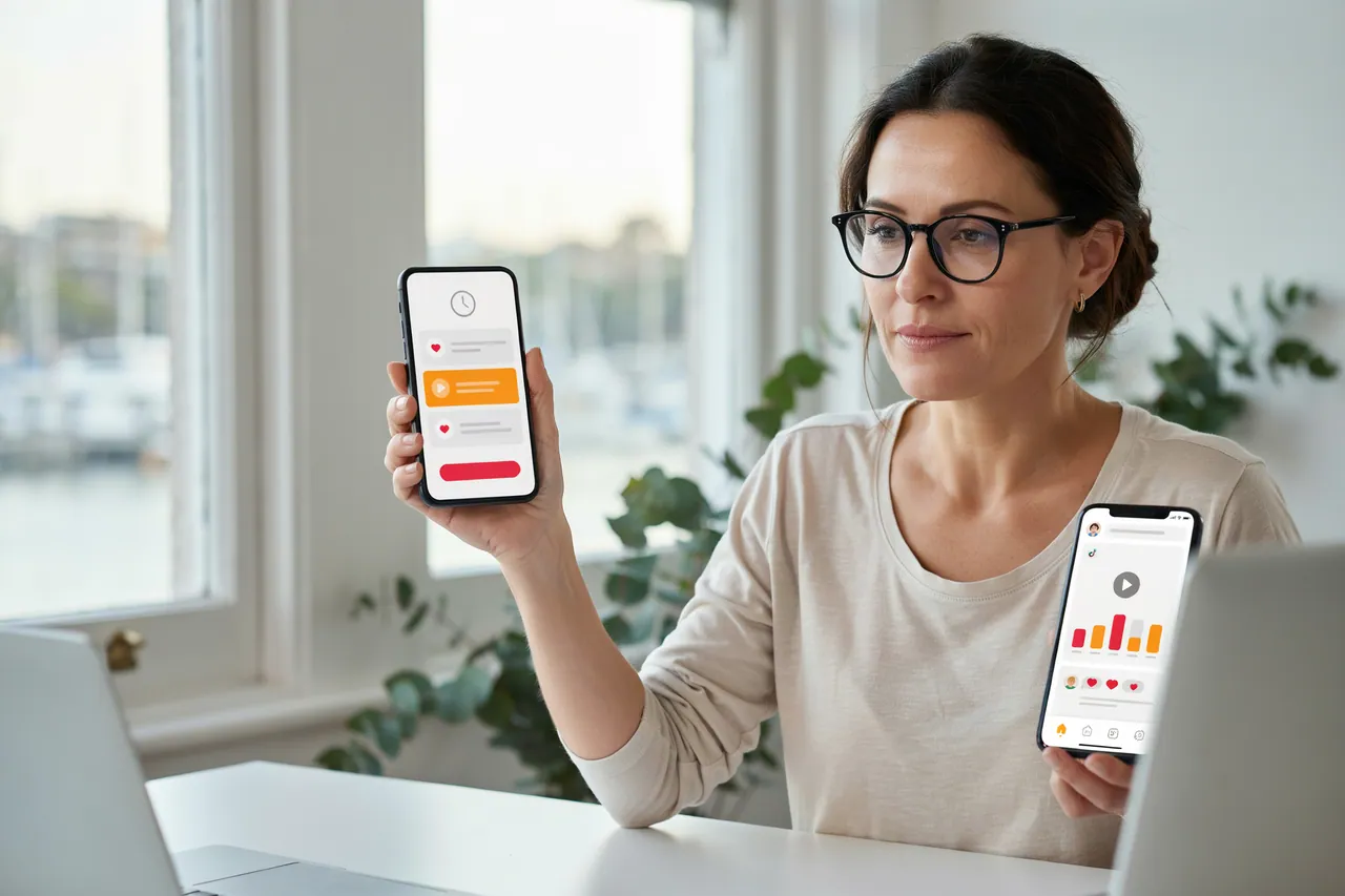 Creator in Australia planning when to publish a launch video, phone showing a schedule card