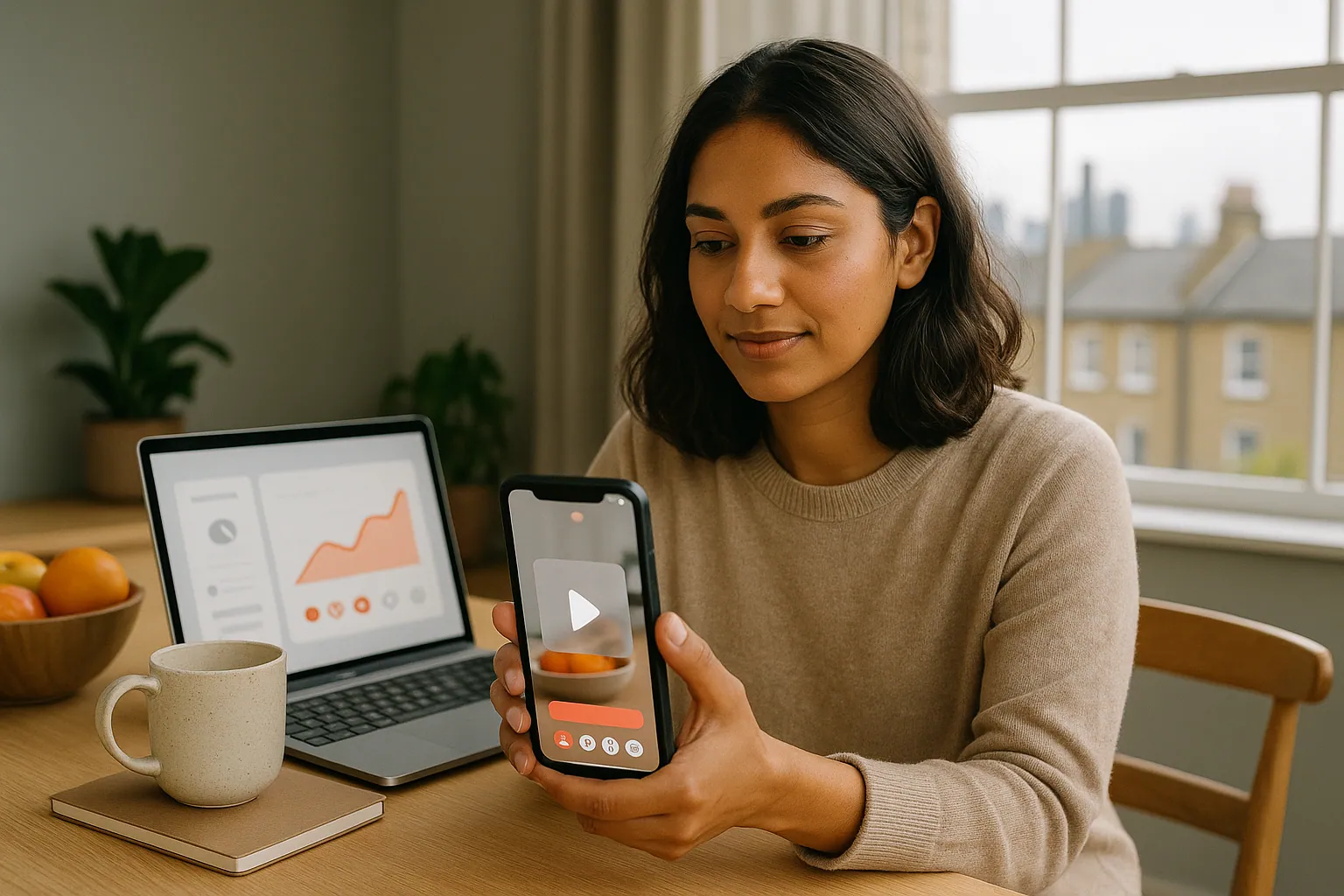Creator at a kitchen table in a UK flat reviewing a vertical video on her phone while a laptop shows its view count rising