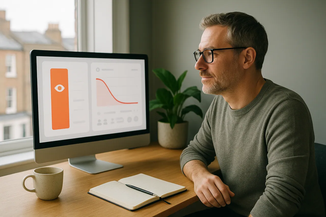 Marketer at a desk comparing a video's view count bar with a watch-time retention curve that slopes downward on a monitor