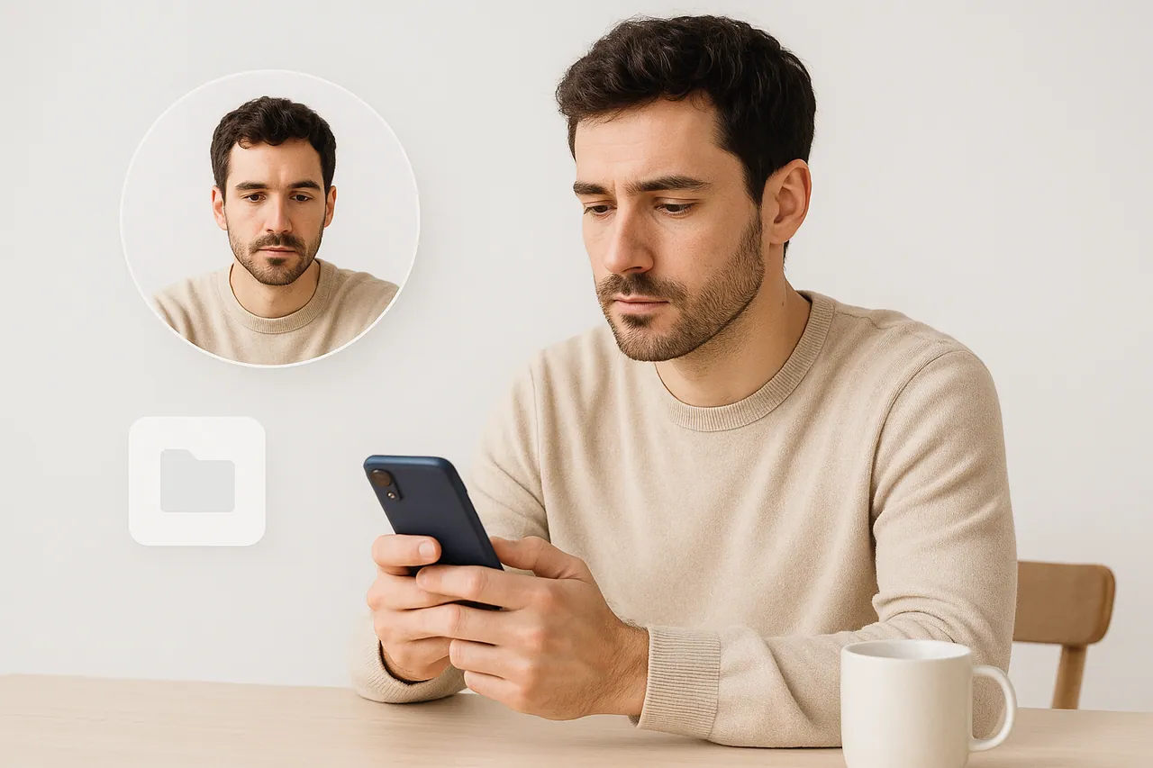 Mann betrachtet nachdenklich sein Smartphone, daneben ein Profilkreis, der sanft verblasst