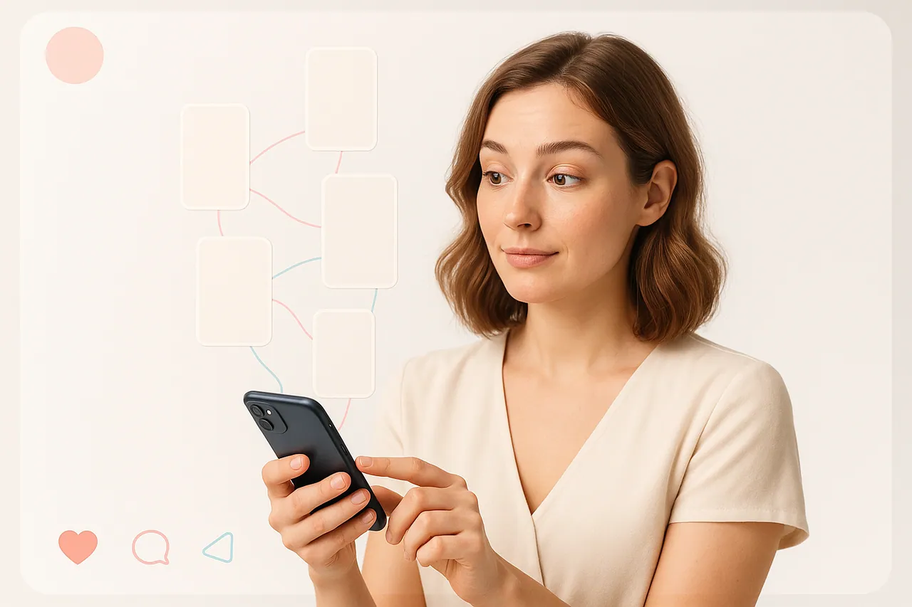 Creatorin schaut auf ihr Smartphone, aus dem verbundene Video-Karten zu einem Netz aufsteigen