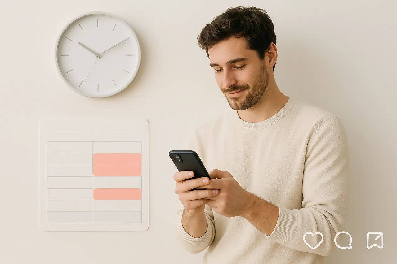 Creator mit Smartphone neben einer großen Wanduhr ohne Ziffern und einem Wochenplaner