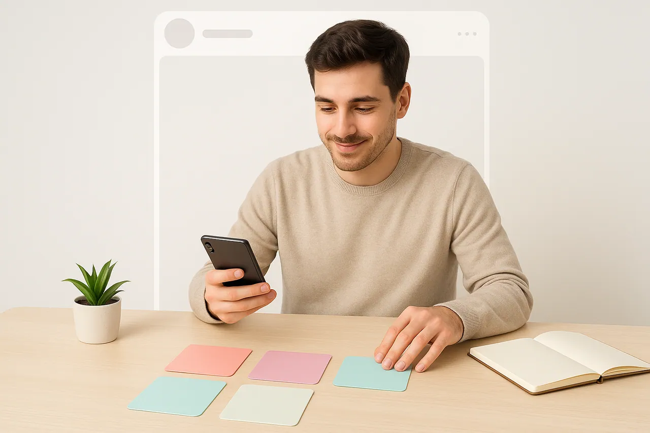 Creator plant am hellen Schreibtisch Einnahmequellen mit Smartphone und farbigen Karten