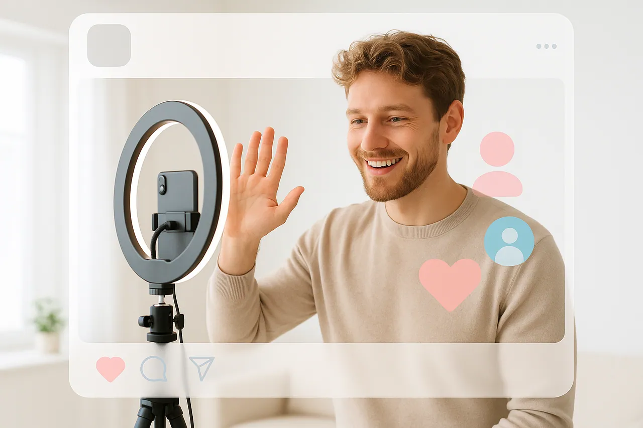 Creator vor Ringlicht und Smartphone-Stativ kurz vor dem Start eines Livestreams