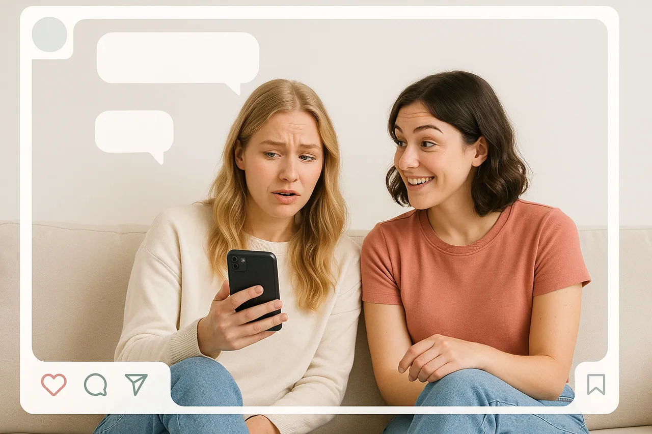 Zwei junge Erwachsene lesen Kommentare auf dem Smartphone und schauen sich fragend an