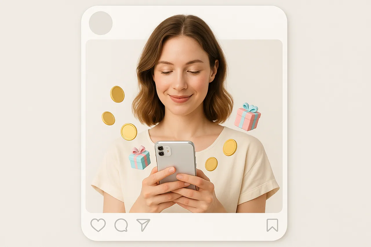 Junge Creatorin hält ihr Smartphone, um sie schweben goldene Münzen und kleine Geschenk-Symbole