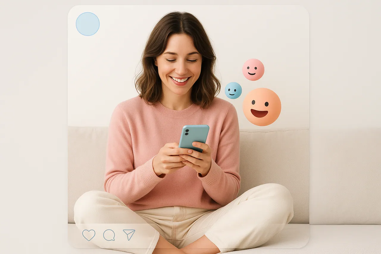 Creatorin tippt lächelnd auf ihr Smartphone, daneben schweben runde Emoji-Gesichter
