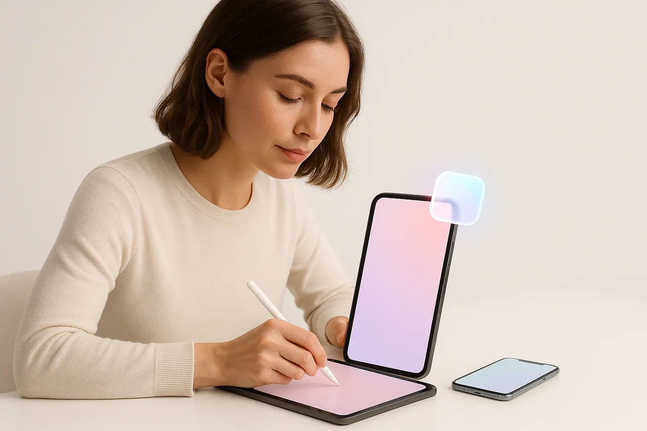Creatorin bearbeitet ein Hochkant-Video auf Tablet und Smartphone am hellen Arbeitsplatz