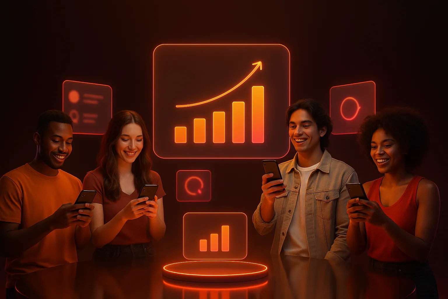 Creators around a glowing growth dashboard