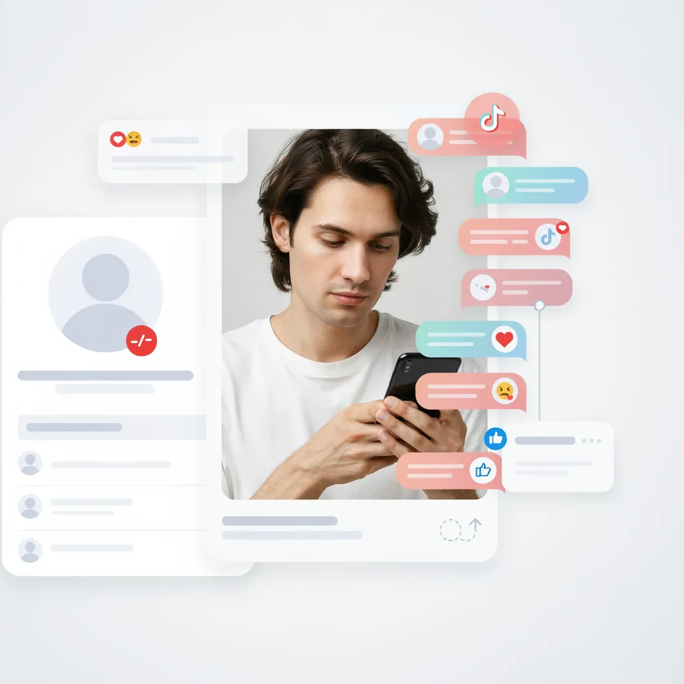 Creator using a smartphone beside an unbranded TikTok Auto Comments growth visual