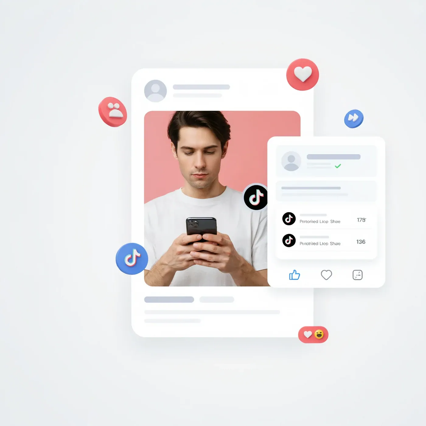 Creator using a smartphone beside an unbranded TikTok Auto Shares growth visual