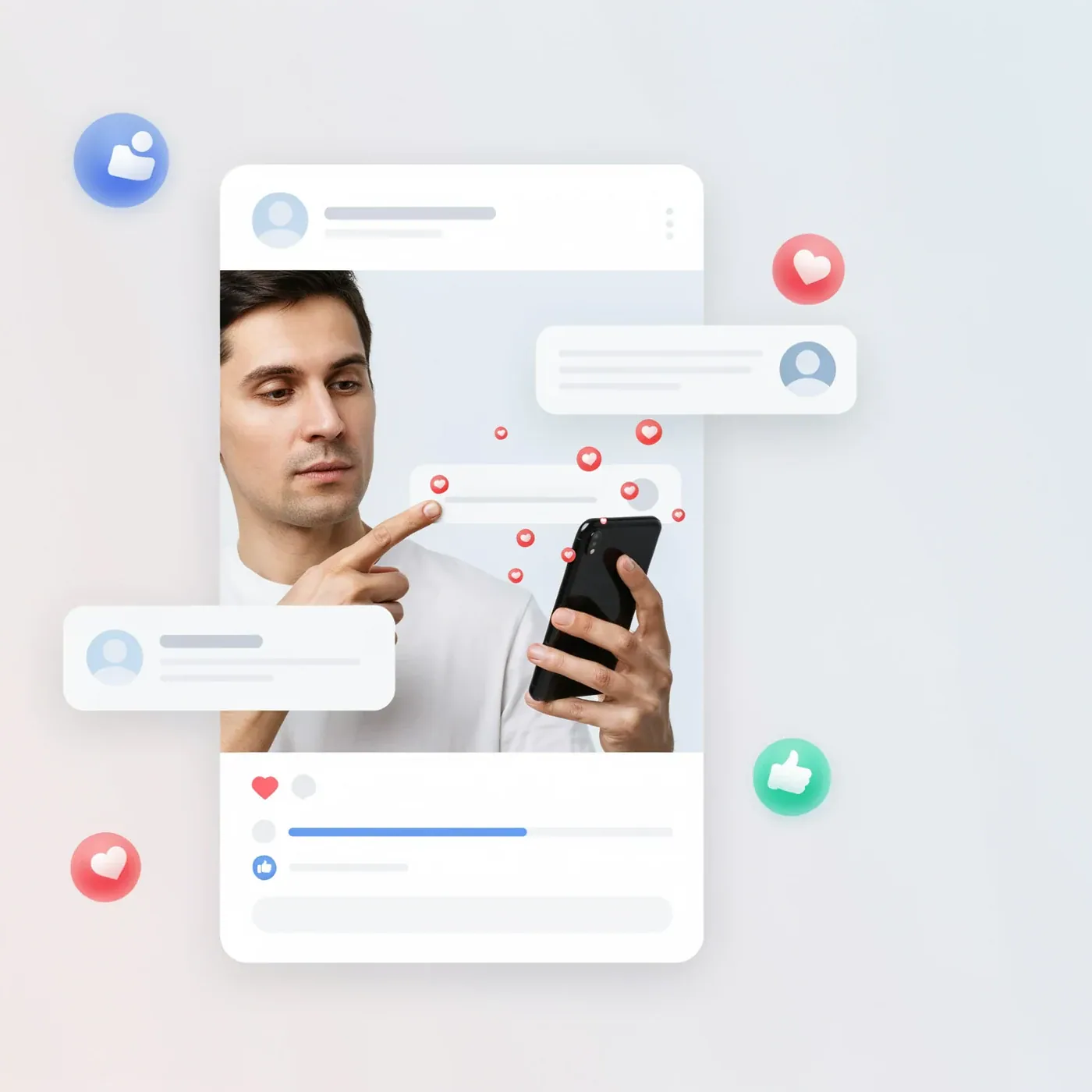 Creator using a smartphone beside an unbranded TikTok Comment Likes growth visual