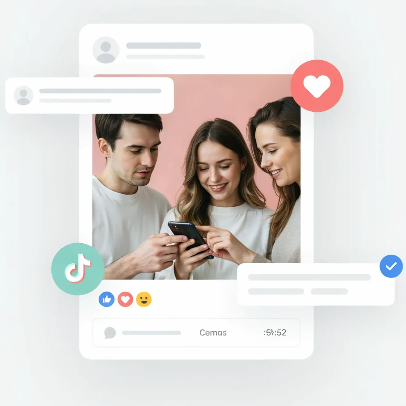 Creator using a smartphone beside an unbranded TikTok comments growth visual