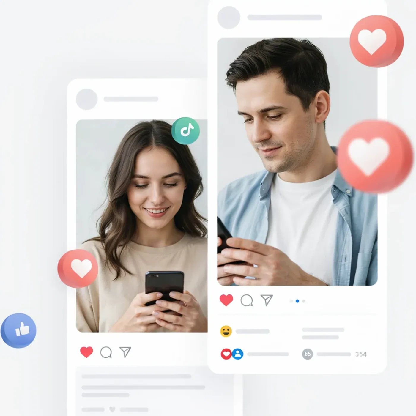 Creator using a smartphone beside an unbranded TikTok likes growth visual