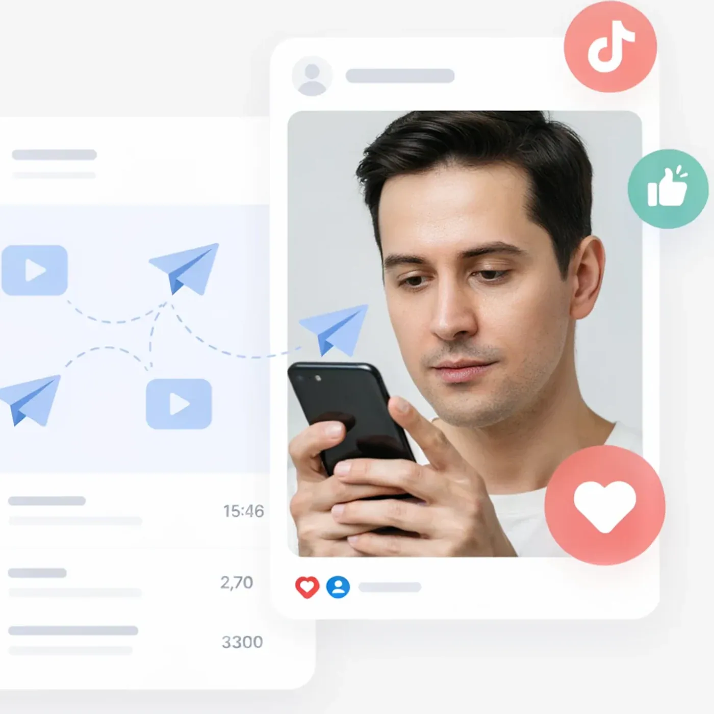 Creator using a smartphone beside an unbranded TikTok shares growth visual