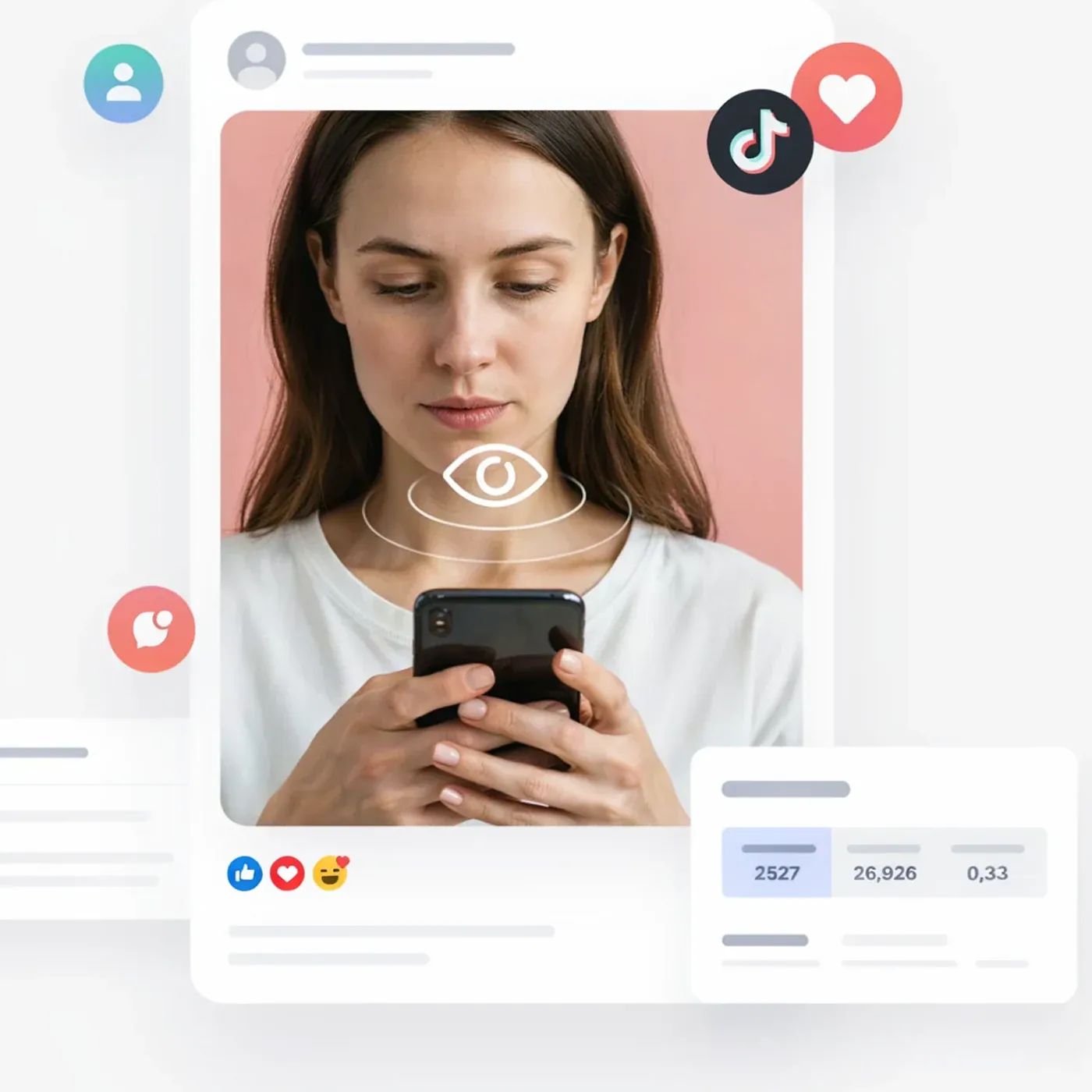 Creator using a smartphone beside an unbranded TikTok views growth visual